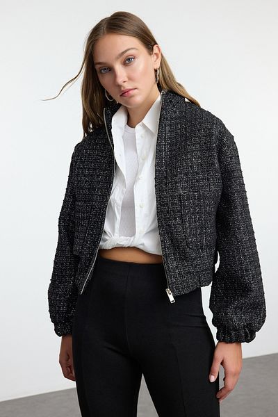 Trendyol Collection Kurtka typu tweed bomber thin jacket - czarny oversize fit Twoaw25Mo00194