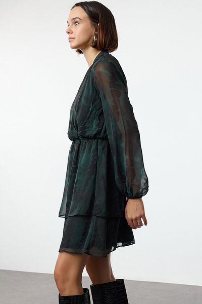 Trendyol Collection Πράσινη Αφηρημένη Εκτύπωση Διπλό Μίνι Φόρεμα Σιφόν - Φόδρα, γιακάς Skater Twoaw25el00255