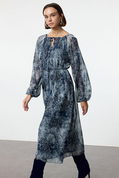 Trendyol Collection Сукня міді А-синя з квітковим візерунком TWOAW25EL00498