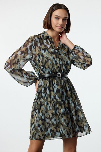 Trendyol Collection Μίνι φόρεμα από πράσινο σιφόν με κούμπωμα στη μέση - Αφηρημένο σχέδιο με ζώνη και φόδρα TWOAW25EL00180