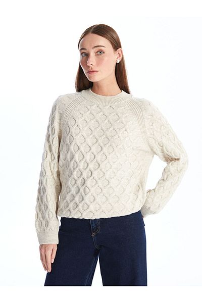 LC Waikiki Damen-Strickpullover mit Rundhalsausschnitt und langen Ärmeln – W40253z8