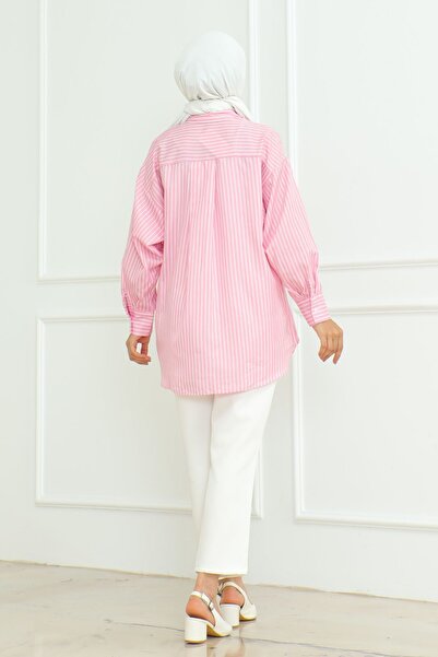 Eliva Γυναικείο ροζ ριγέ μακρυμάνικο πουκάμισο Hijab με μονή τσέπη