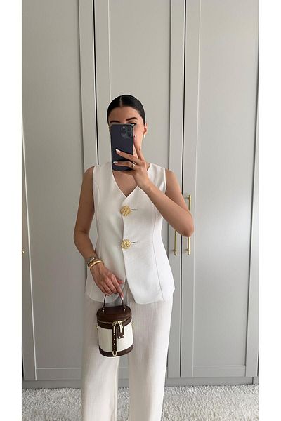 HAZELANNA سترة بيضاء كبيرة مبطنة بأزرار