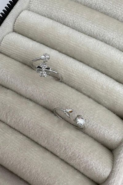 Modex Silver Color Zircon Stone Flower Double Ring (Adjustable)