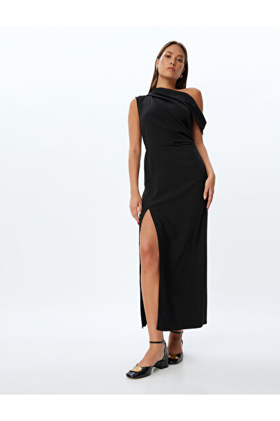 Koton Langes Abendkleid mit einer Schulter, asymmetrischem Ausschnitt und Schlitz vorne aus Crêpe-Stoff
