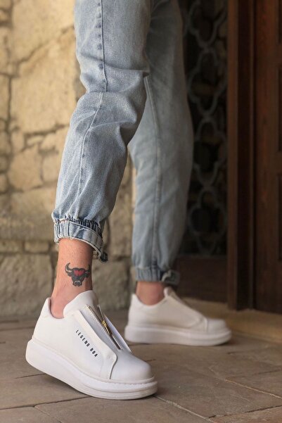 Rainon Store White Leather Zippered Outdoor Men's Sneaker