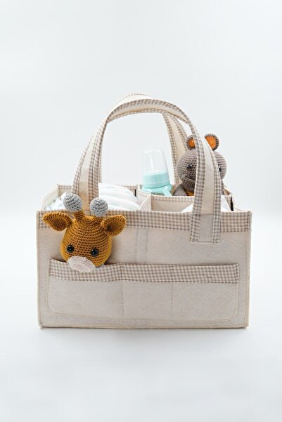 JASPER Beige Felt Mother Baby Care Bag Organizer with Square Stripes