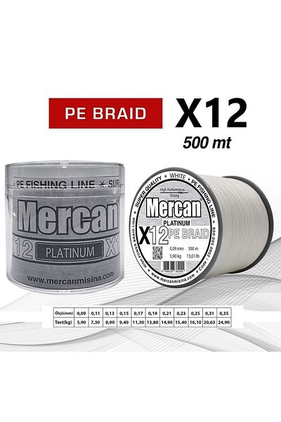 Mercan Pe Knitted Platinum X12 White Rope 500m Reel Fishing Line