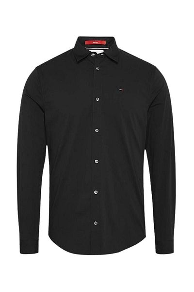 Tommy Hilfiger Men's Brand Logo Stretch Cotton Half-Lined Collar Stylish Looking Black Shirt Suitable for Daily Use