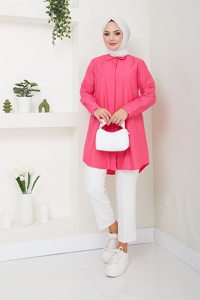 Eliva Cămașă Hijab Fuchsia Boyfriend - Buton ascuns, Detaliu Tericotton