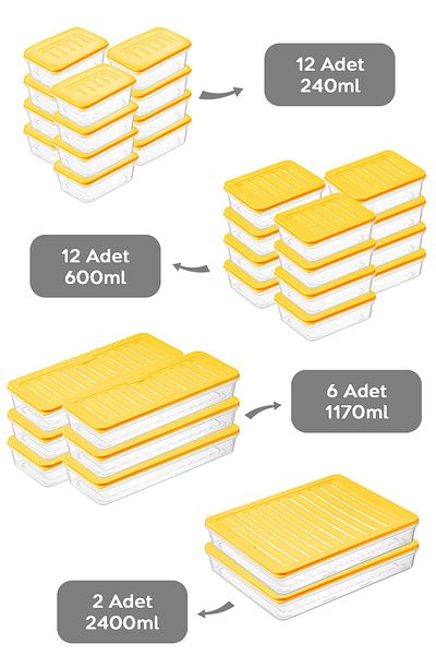 Meleni Home 32 Pieces Yellow Storage Container - 2X2400Ml 6X1170Ml 12X600Ml 12X240Ml Suitable for Microwave and Diffraction