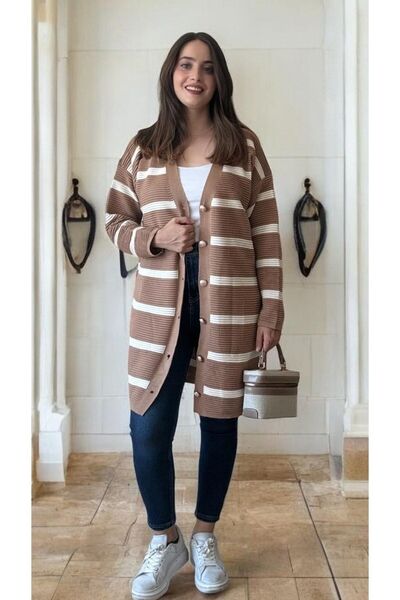Entropy Tricotaj cu dungi pentru damă Cardigan lung - maro, mânecă lungă