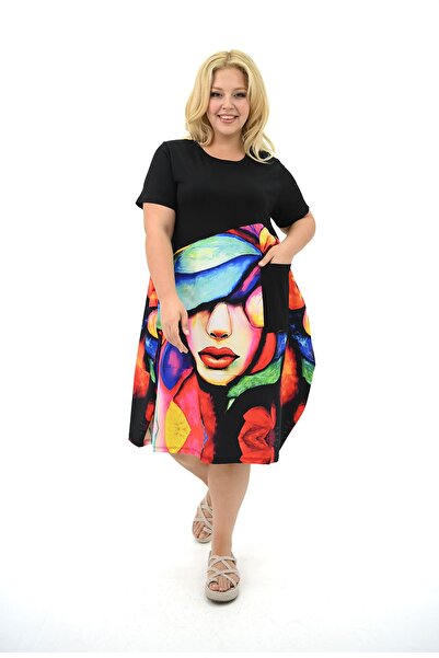 Koza Butik Rochie de damă cu imprimeu digital de mărime mare - 5253-25