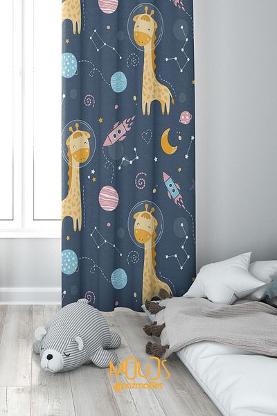 Moud's Giraffe Patterned Space Background Curtain - Children's and Baby's Room, Suede Digital Printed Extra-Force, Single Wing