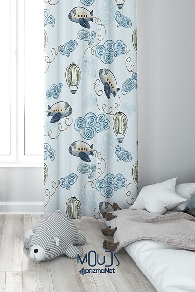 Moud's Blue Suede Background Curtain - Children's and Baby's Room, Digital Printed Extra-Force, Single Wing