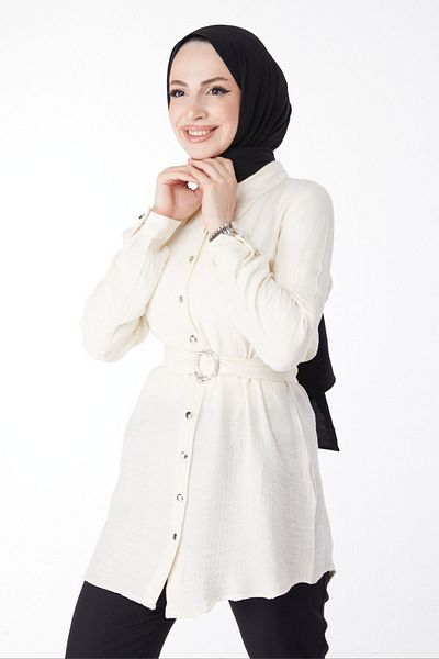 TOFİSA Plain Shirt Collar Women's Ecru Belted Tunic - 25095
