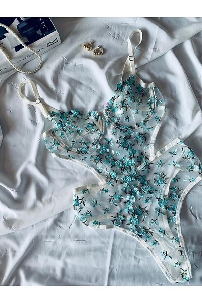 ROZENİN LINGERIE Lace Embroidered Floral Underwire Capless See-Through Bodysuit