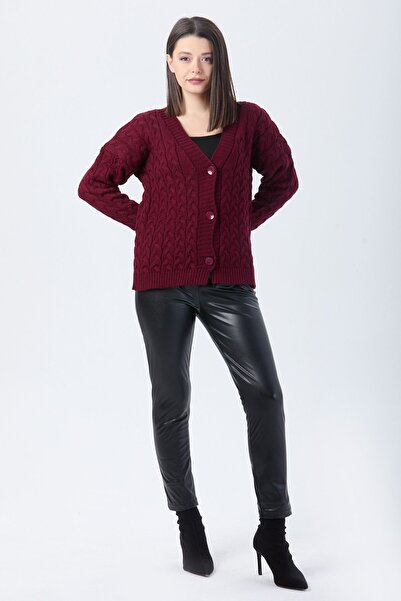 TOFİSA Claret Red Knitwear Women's Cardigan - Plain Jacket Collar - 24033
