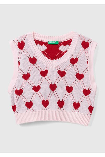 United Colors of Benetton Kız Çocuk Açık Pembe Tamamı Kalp Desenli Kolsuz V Yaka Süveter