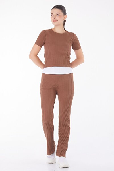 TOFİSA Καφέ Σετ μπλουζάκι και παντελόνι για γυναίκες - Crew Neck - 25952