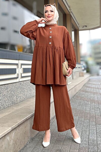 TOFİSA Γυναικείο Παντελόνι Καφέ Τουνίκ - Ίσιο Crew Neck - 11629