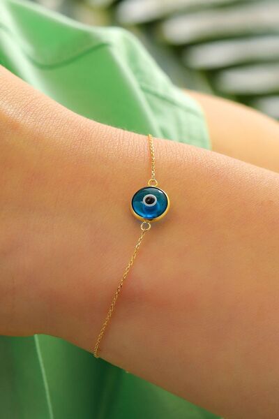 MOOM MÜCEVHERAT Kadın 14 Ayar Altın Göz Bileklik Klasik Mavi Renk Altın Nazar...