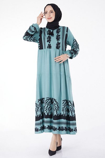 TOFİSA Plain Crew Neck Women's Green Patterned Dress - 25101
