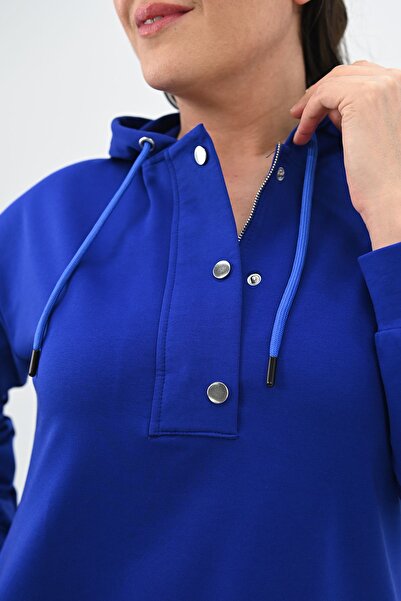 Koza Butik Kadın Büyük Beden Yaka Düğmeli Kapüşonlu Tunik 5207-24