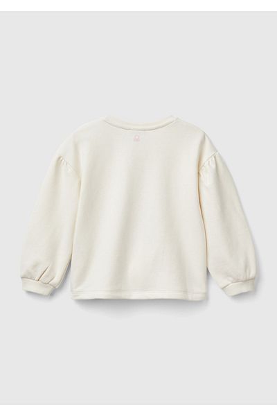 United Colors of Benetton Kız Çocuk Ekru Arkası Logo Detaylı Önü Baskılı Balon Kol Sweatshirt