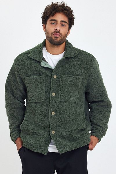 MADZEYMODA Jachetă de iarnă pentru bărbați din fleece - kaki pluș, nasturi, căptușită, sezon nou Mz86059