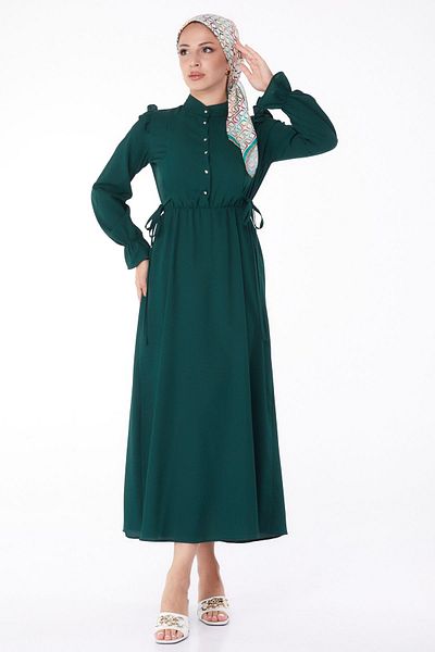 TOFİSA Green Ruffled Straight Chief Collar Women's Dress - 13269