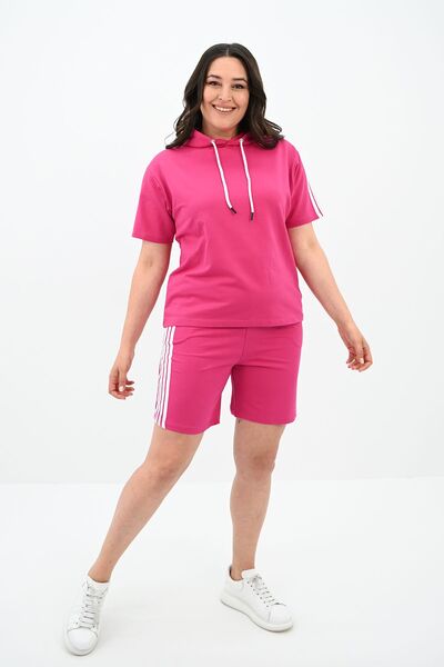 Koza Butik Women's Stripe Detailed Large Size Shorts Suit 3768-23