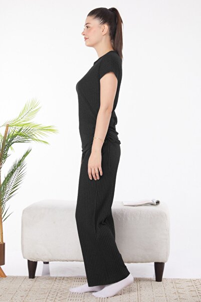 TOFİSA Μαύρο γυναικείο διπλό κοστούμι - μονόχρωμη λαιμόκοψη και λεπτομέρεια με κορδόνια - 25839