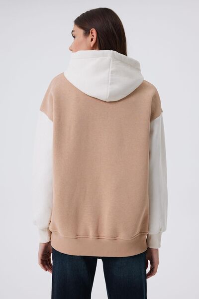 Lee Cooper Γυναικείο φούτερ με λευκό γιακά με κουκούλα - Μπεζ LCF 241011 JENNY