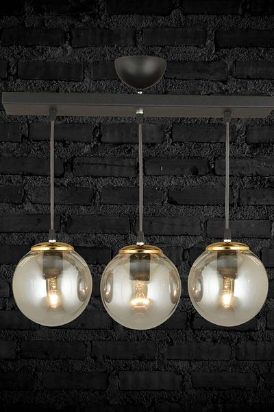 SONSUZ AYDINLATMA&AVİZE Infinite Row Black 3-Piece Honey Globe Glass Pendant Lamp Luxury Chandelier