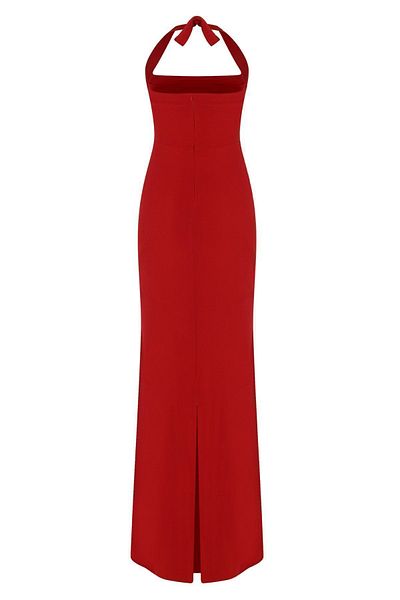 Whenever Company Red Halter Neck Draped Chest Area and Back Slit Evening Dress