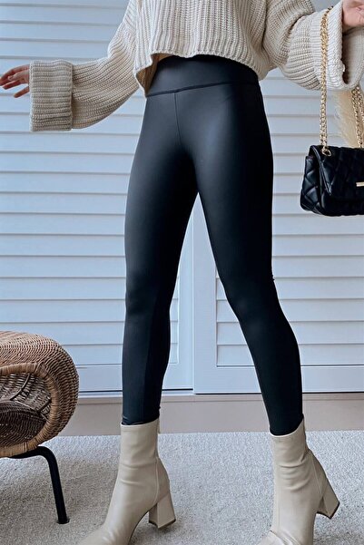 Momslab Crne mat Koža Visok struk ženske tajice