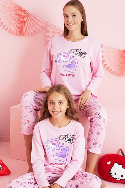 Siyah İnci Hello Kitty με άδεια - 100% βαμβακερό σετ πιτζάμες με ροζ λαιμόκοψη HK210
