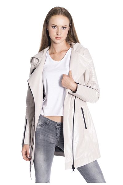 DERİNSS Dka2121 Genuine Leather Women's Beige Coat
