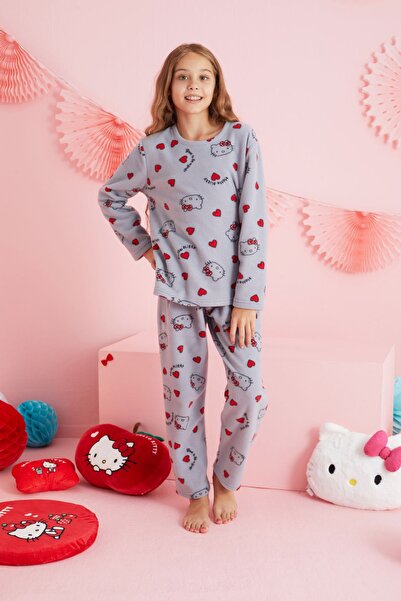 Siyah İnci Hello Kitty Lisanslı Polar Gri Çok Renkli Bisklet Yaka Pijama Takım HK316