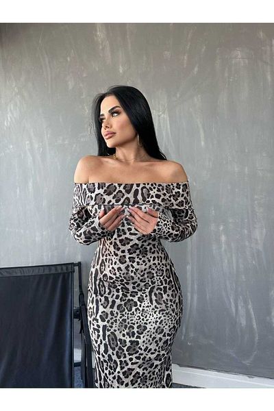 modaserdem Rochie de seară lungă și elegantă pentru femei, cu mânecă lungă, cu model leopard, cu fantă