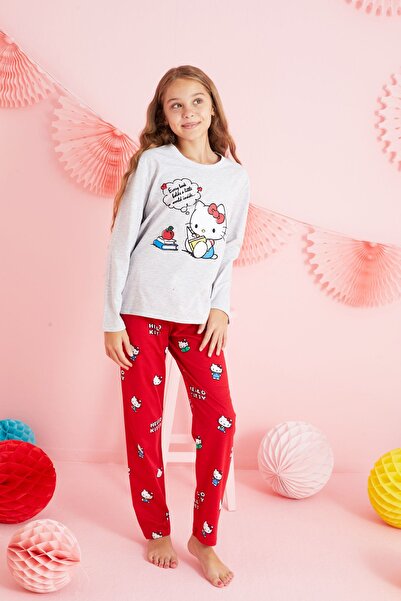Siyah İnci Hello Kitty Lisanslı %100 Pamuk Gri Çok Renkli Bisklet Yaka Pijama Takım HK201