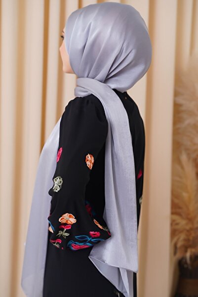 Octopus Abiye Janjan Parlak Saten Dokulu Tesettür Abiye Şifon Gümüş Gri Şal