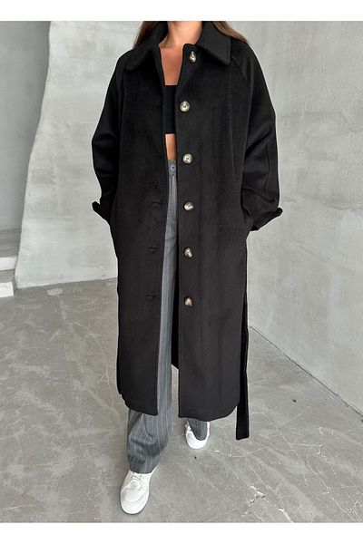 Laluvia Schwarzer Wintermantel mit Gürtel und Schlitz – 54492