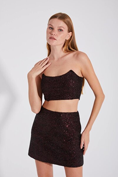 ONE8 Balenli Sırtı Gipeli Pul Payetli Astarlı Lurex Kumaş Crop Büstiyer