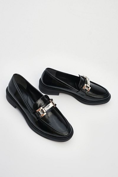 Marjin Women's Stone Buckle Loafer Casual Shoes Hosre Black Patent Leather
