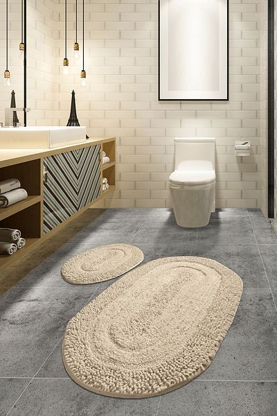 Chilai Home Macoronı Bej Set de 2 Set de scaune de toaletă Set de covorașe de baie Covor Bumbac