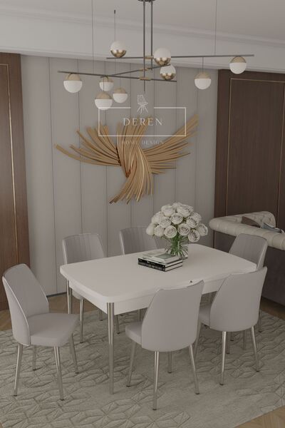 DEREN HOME Parla Gümüs Serisi 80x130 MDF Masa + 6 Adet Silinebilir Kumaş A Gr...