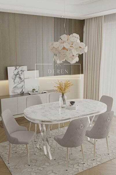 DEREN HOME Nil Serisi Lak Panel Beyaz Renk Masa 90x168 Krom Metal Ayak Masa T...