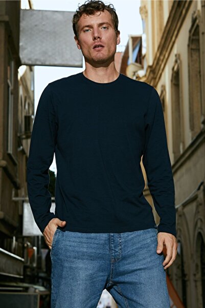 White and Simple Erkek 100% Organik Pamuk Uzun Kollu Bisiklet Yaka Lacivert T...